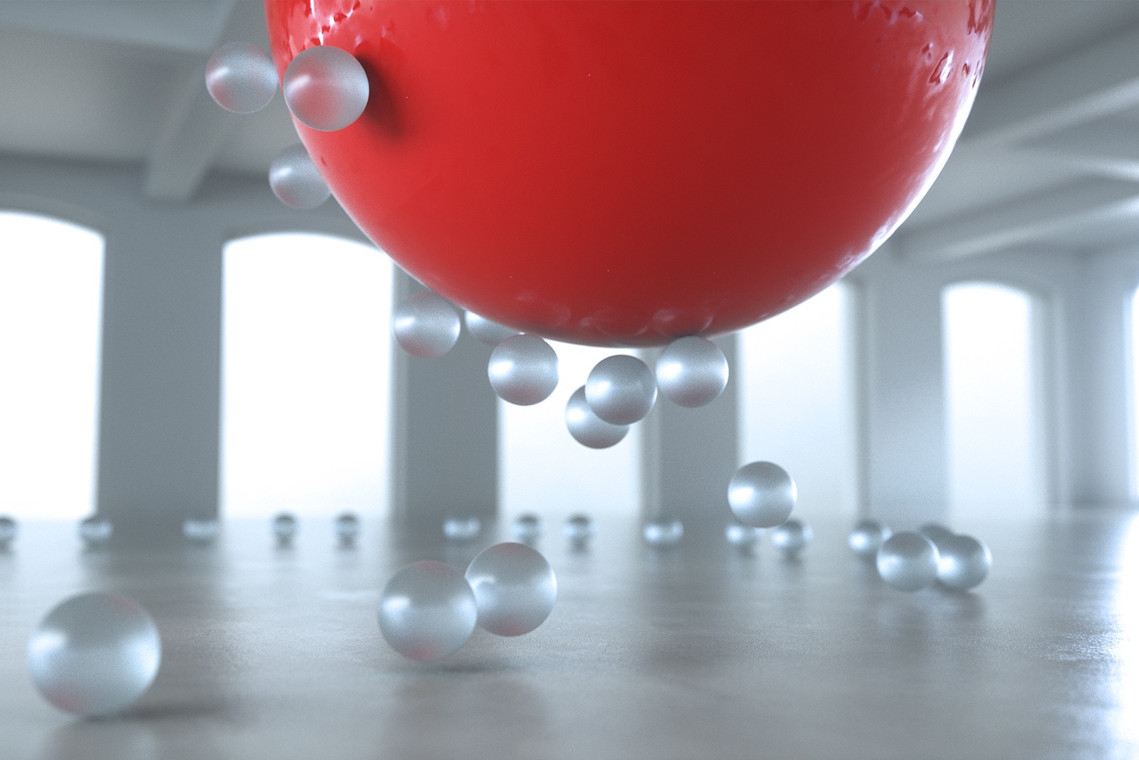 A creative concept showing small opaque spheres swarming around a large red sphere.